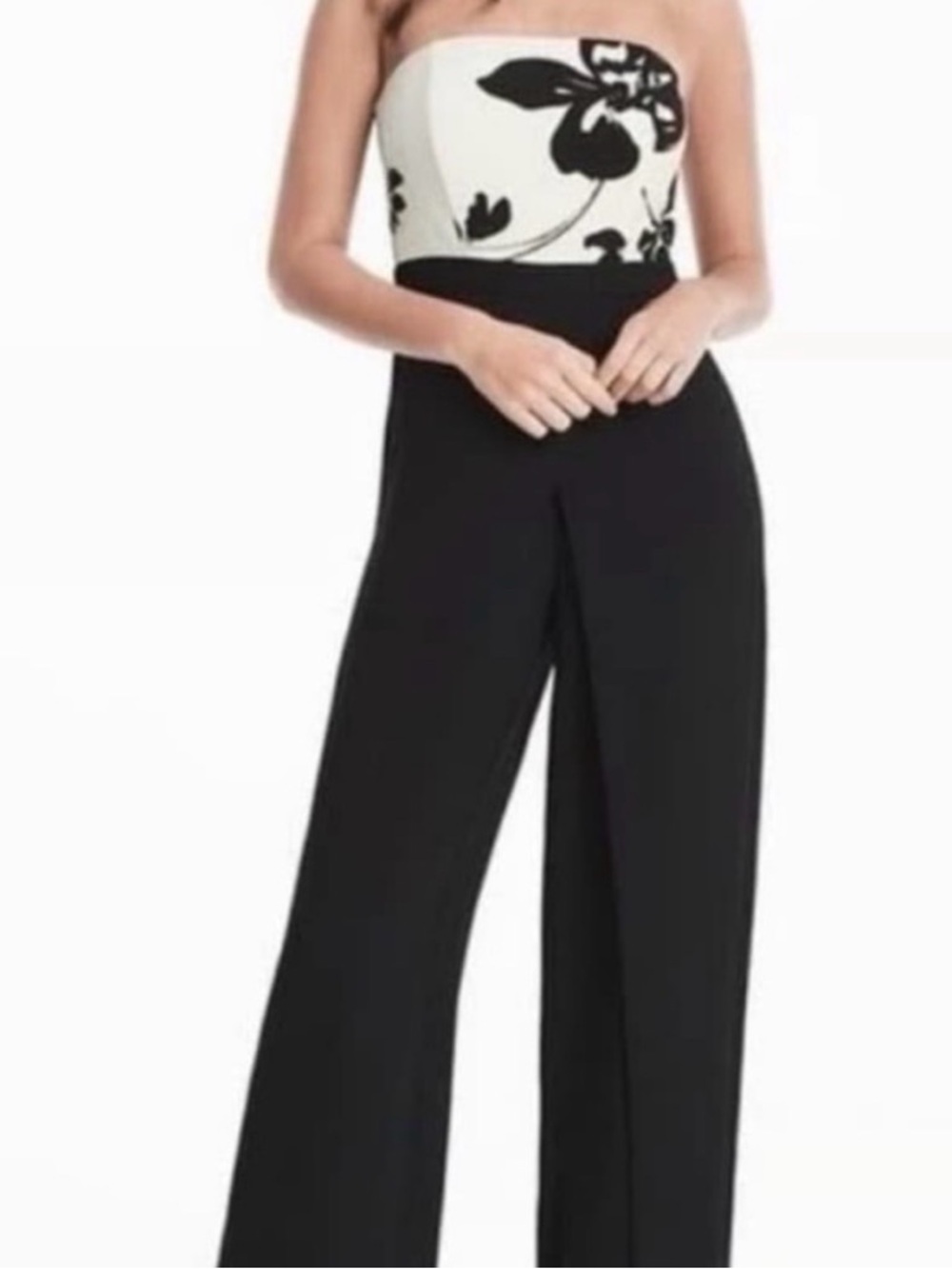 Strapless Black Wide-Leg Jumpsuit with Floral Bodice